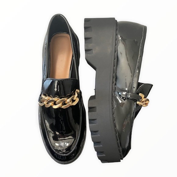 Black Patent Gold Chain Platform Penny Loafers - Picture 4 of 11